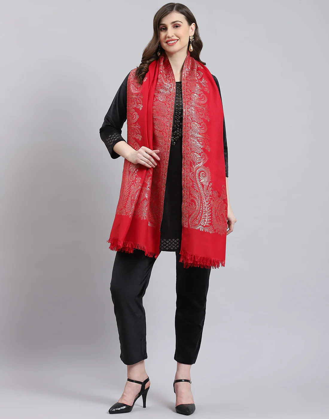 Women Red Self Design Shawl - Image 3