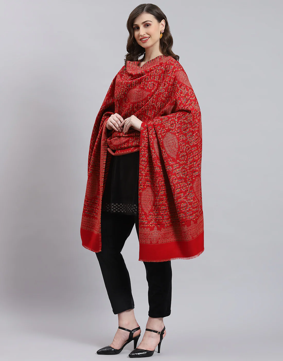 Women Red Self Design Shawl - Image 3