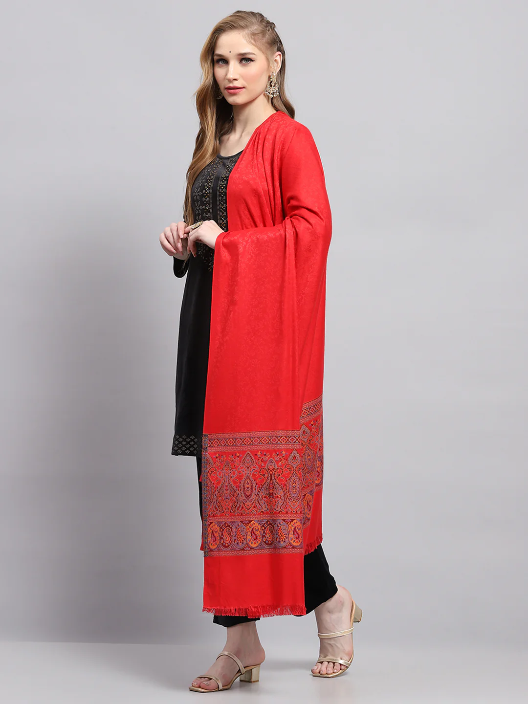 Women Red Self Design Shawl - Image 3