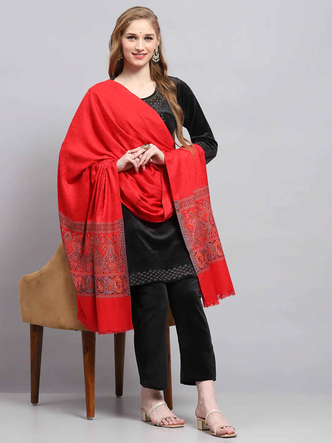 Women Red Self Design Shawl - Image 5