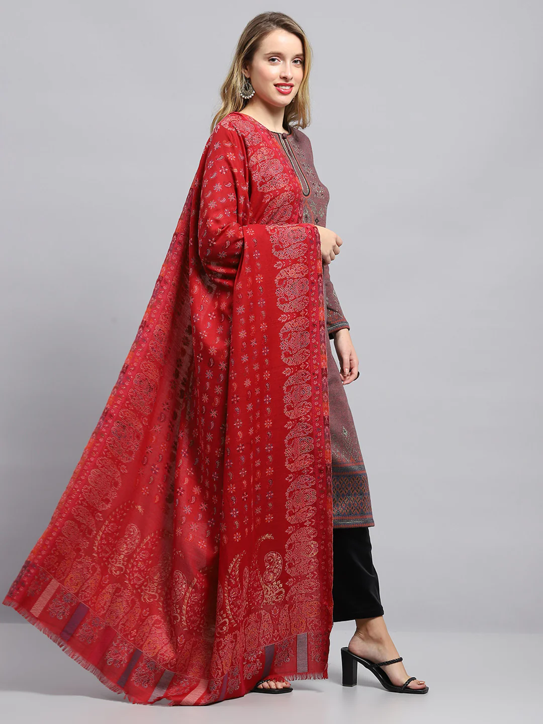 Women Red Self Design Shawl - Image 4