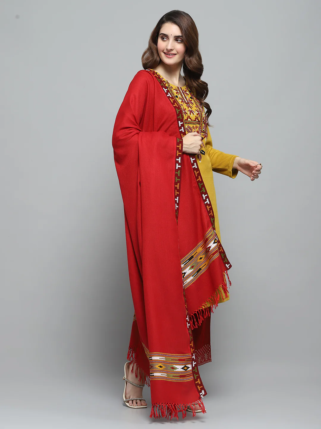 Women Red Self Design Shawl - Image 4