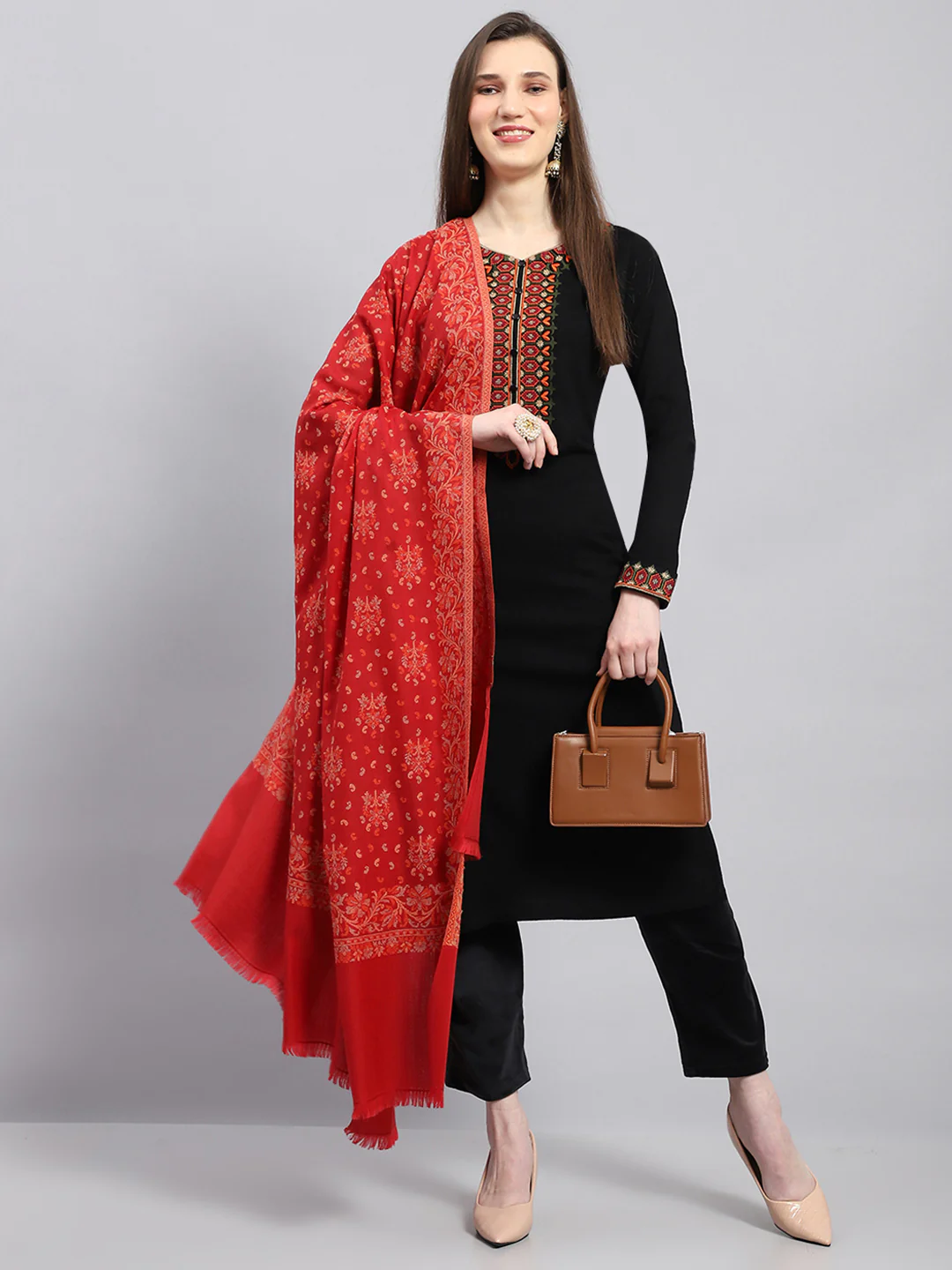 Women Red Self Design Shawl - Image 2