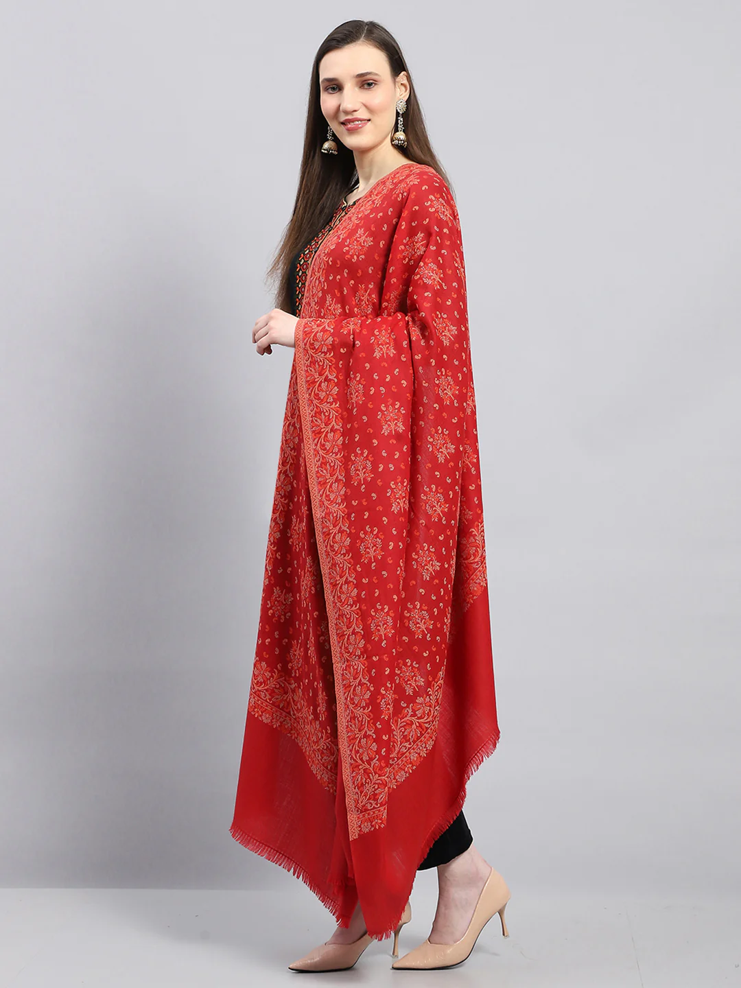 Women Red Self Design Shawl - Image 3