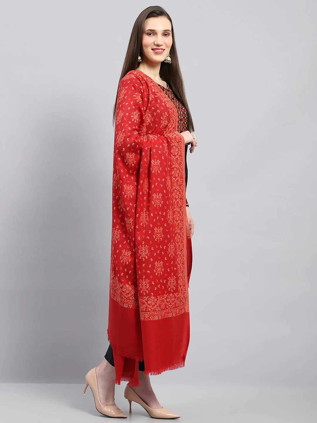 Women Red Self Design Shawl - Image 4