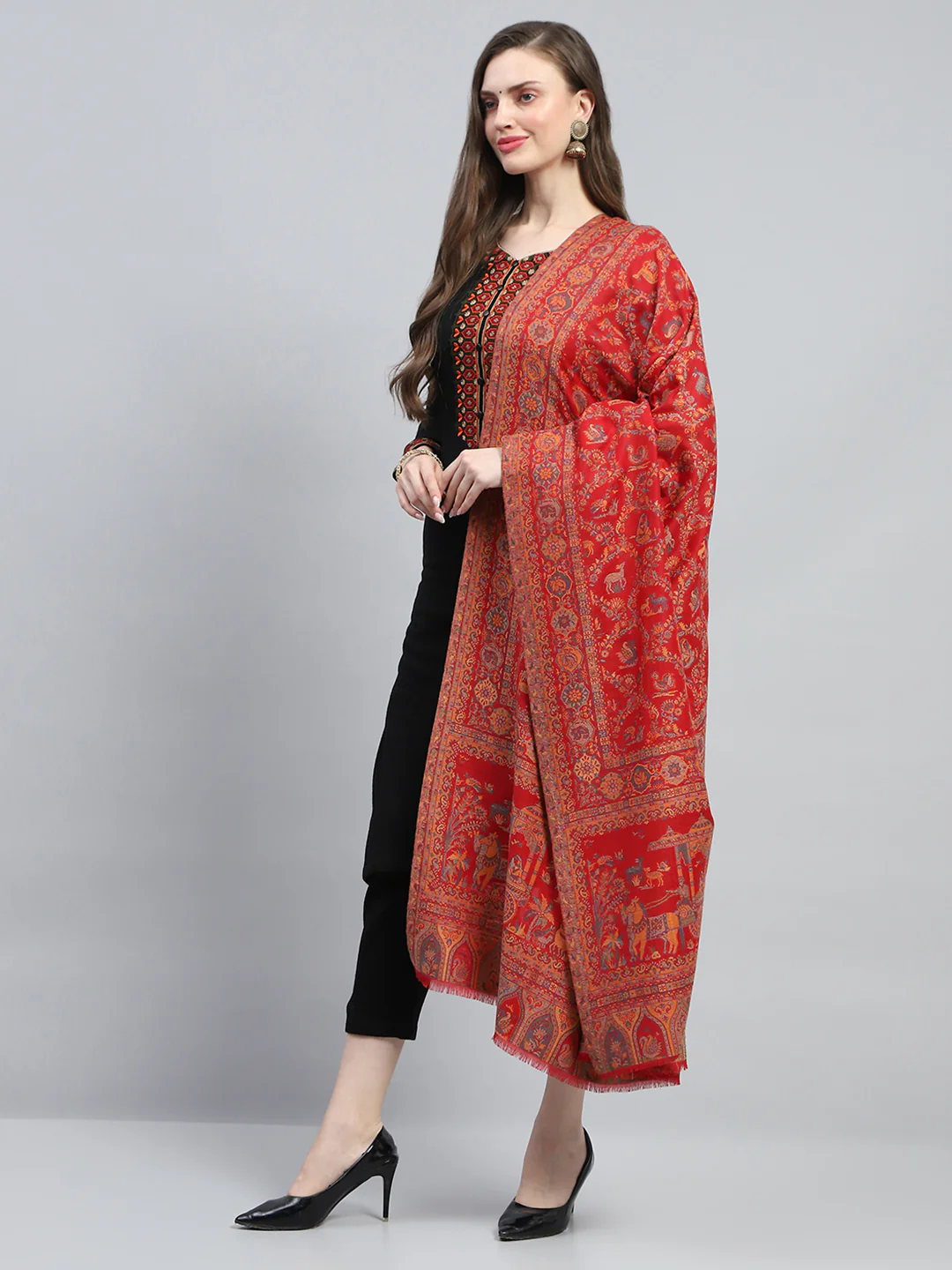 Women Red Self Design Shawl - Image 3