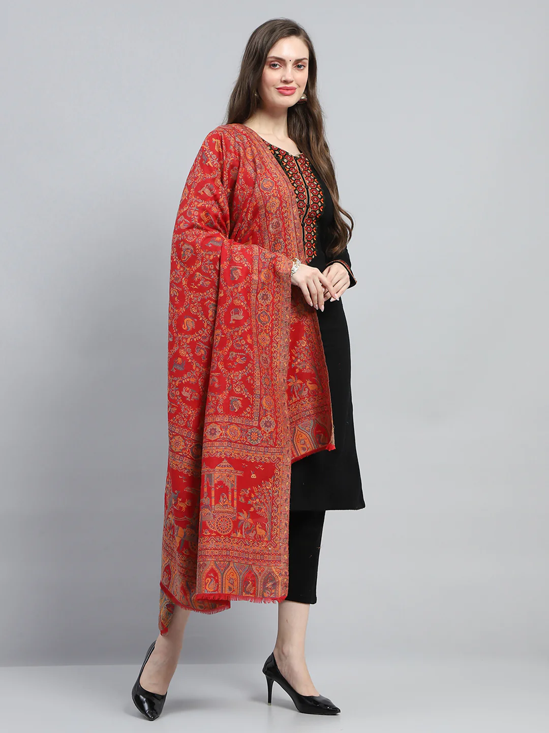 Women Red Self Design Shawl - Image 4