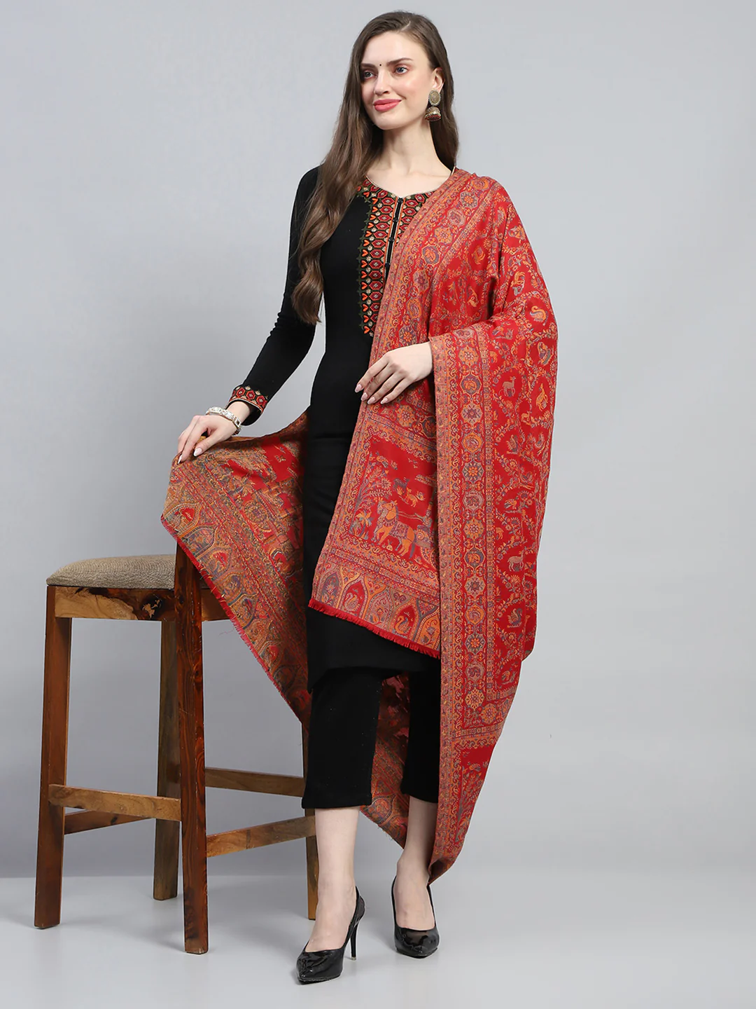 Women Red Self Design Shawl - Image 5