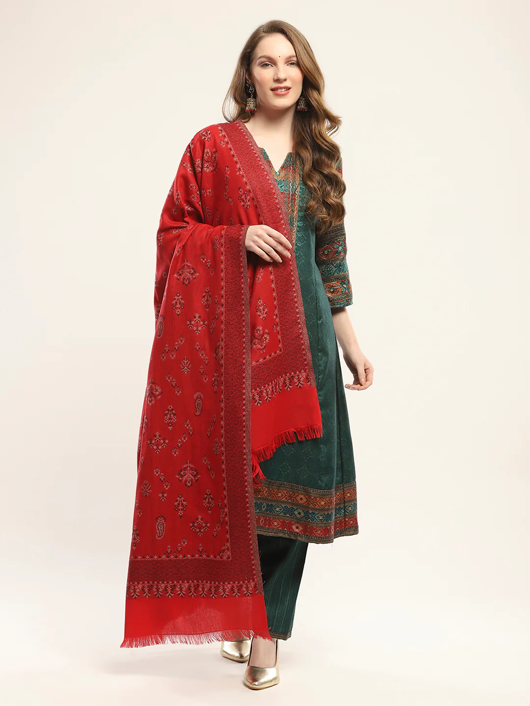 Women Red Self Design Shawl
