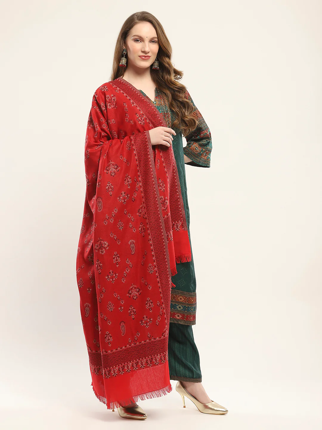 Women Red Self Design Shawl - Image 4