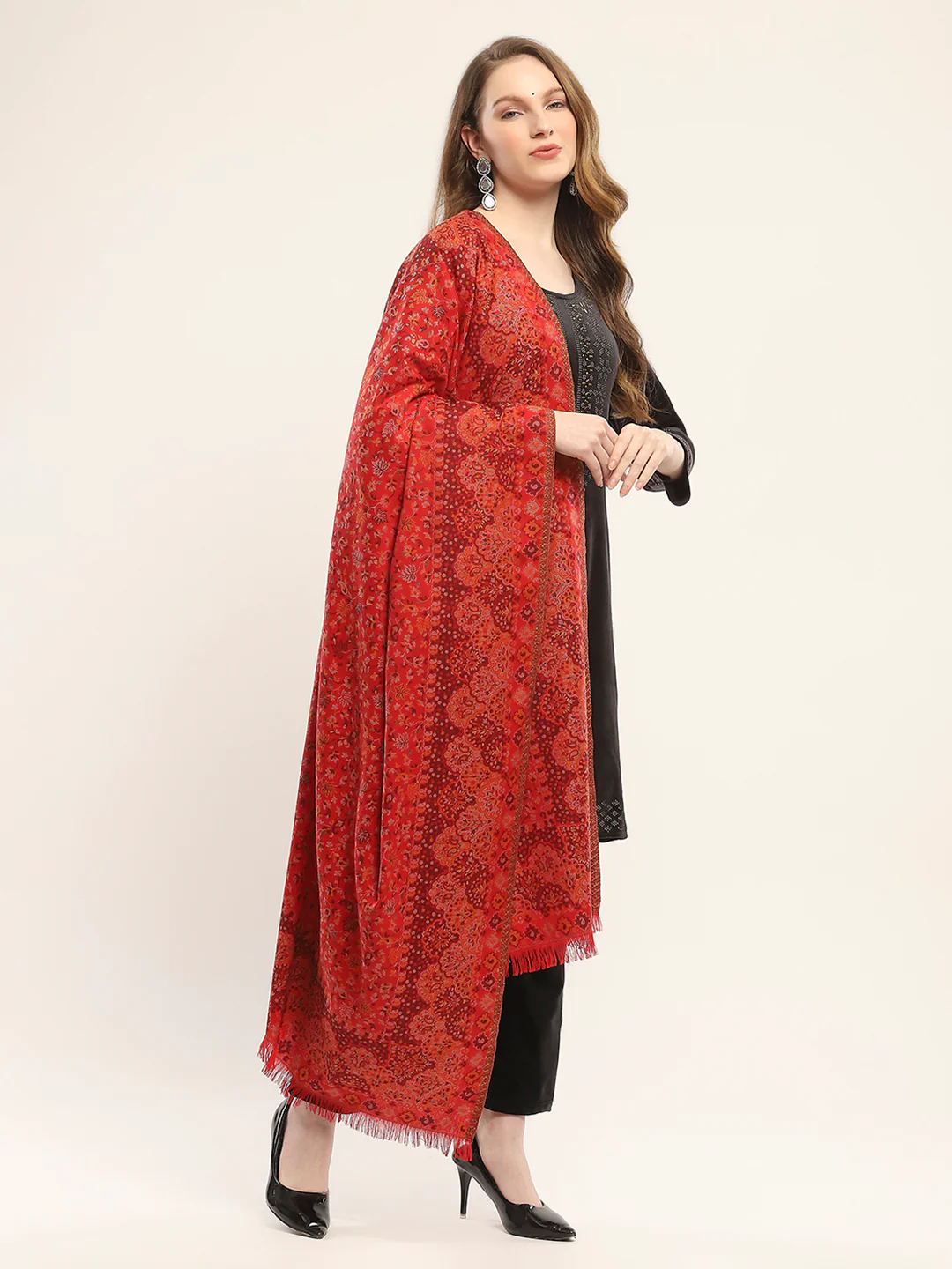 Women Red Self Design Shawl - Image 4
