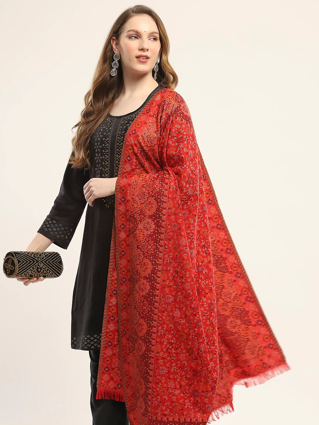 Women Red Self Design Shawl - Image 6