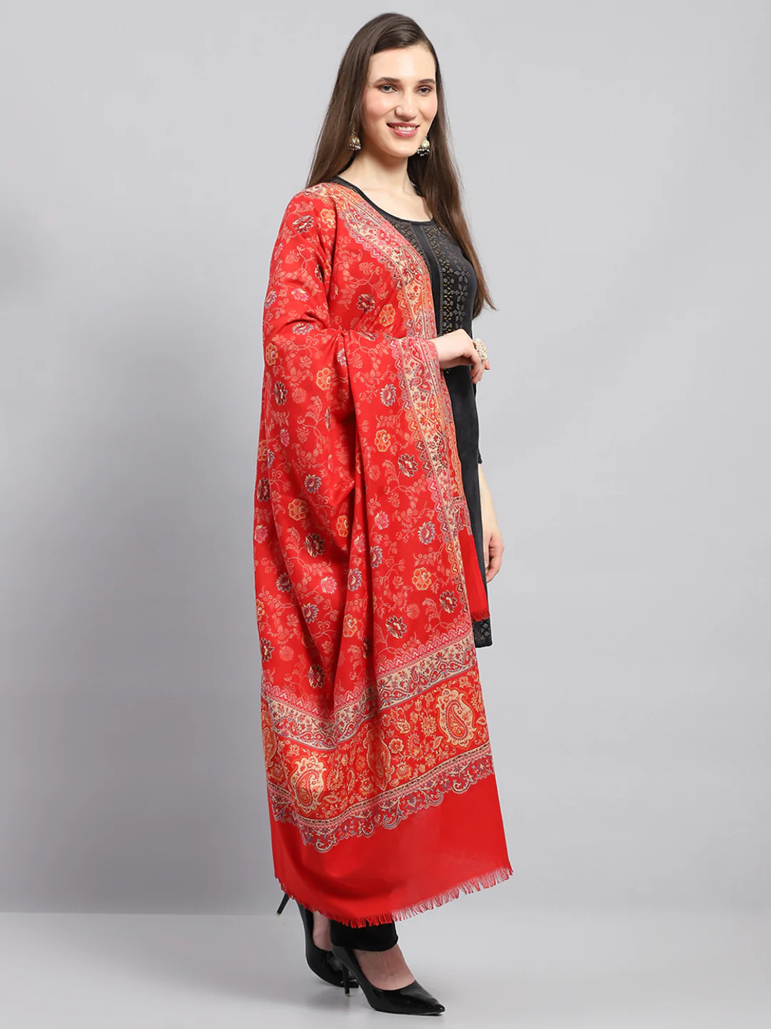 Women Red Self Design Shawl - Image 4