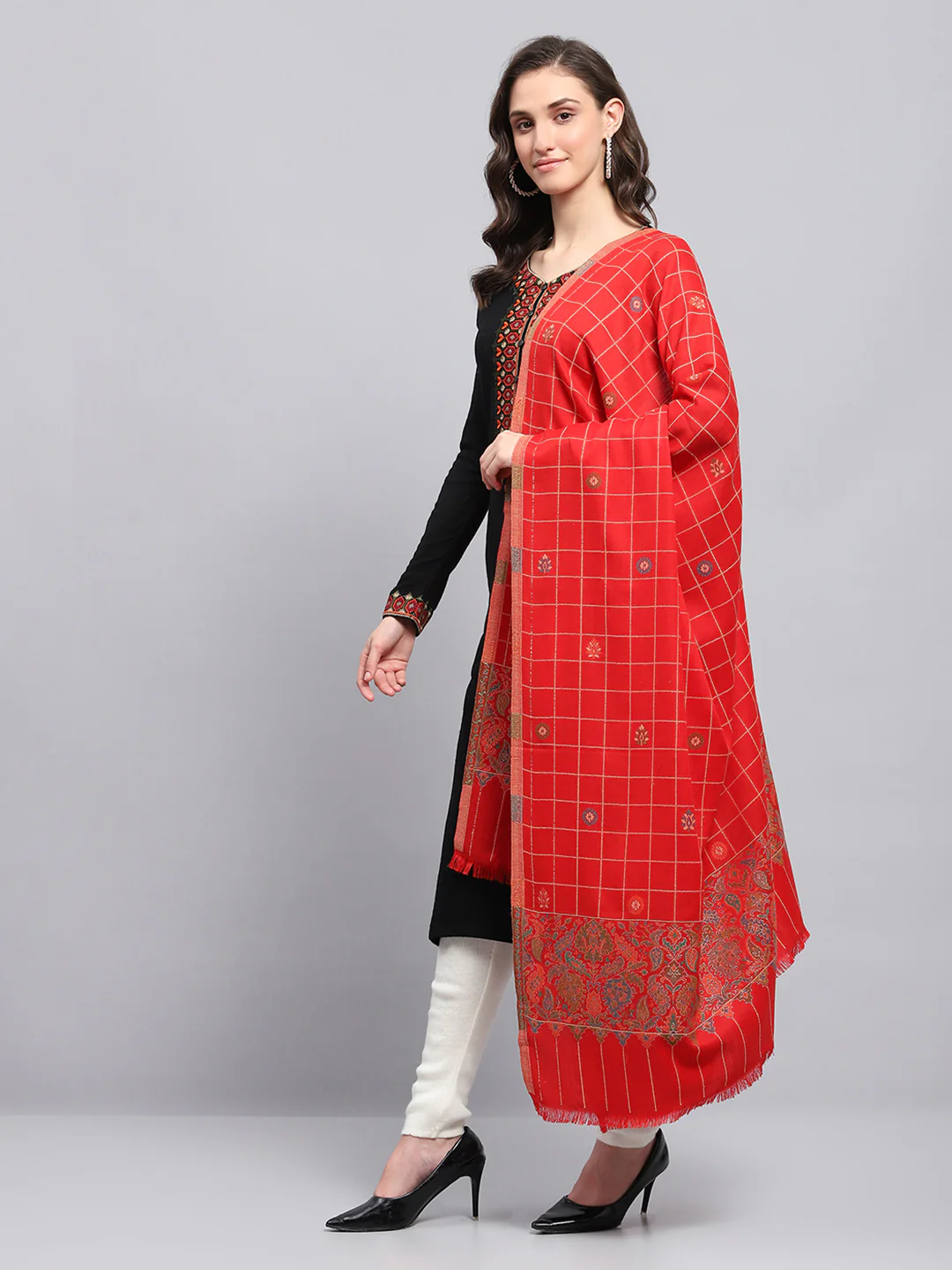 Women Red Self Design Shawl - Image 3