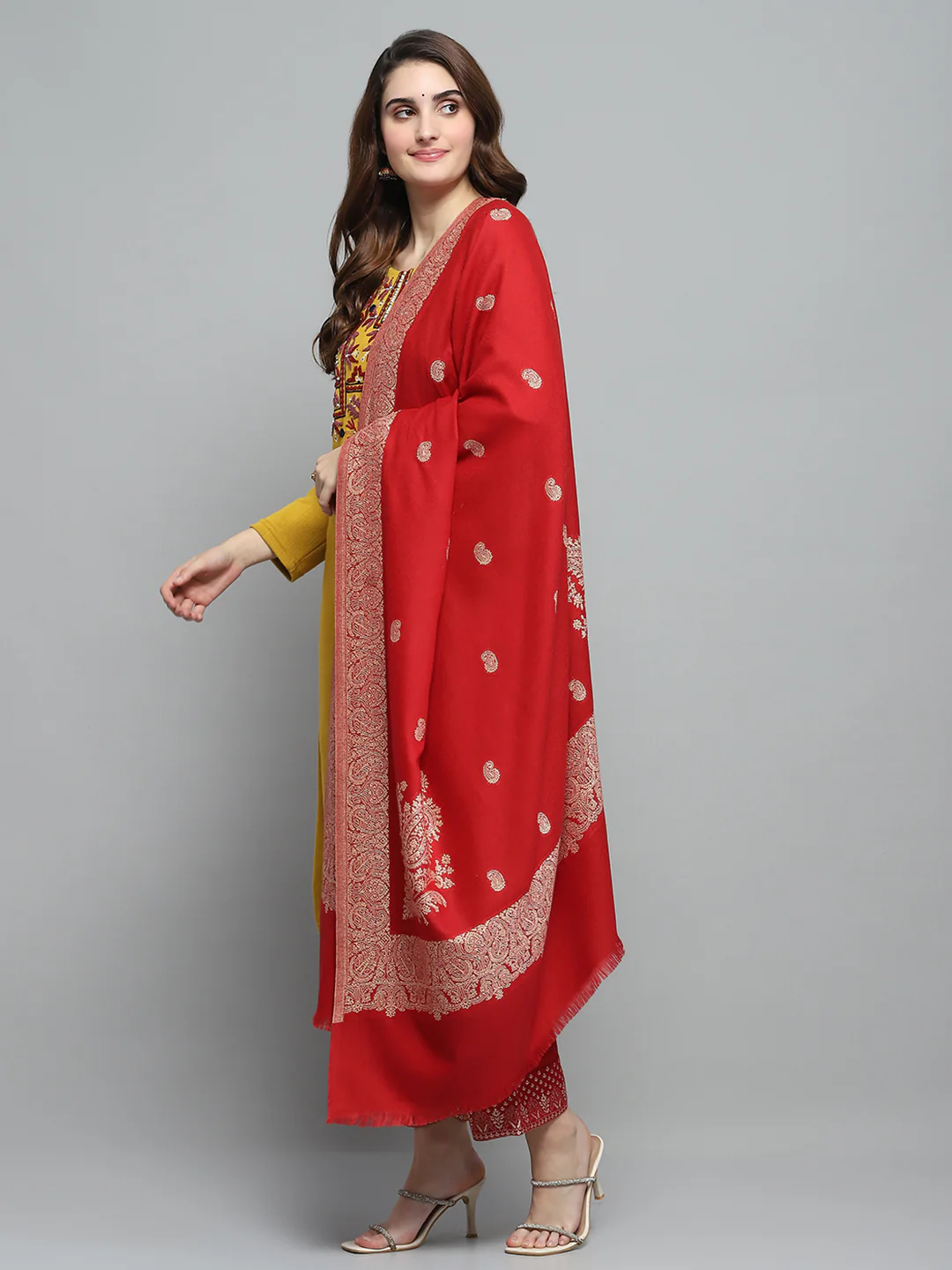 Women Red Self Design Shawl - Image 3