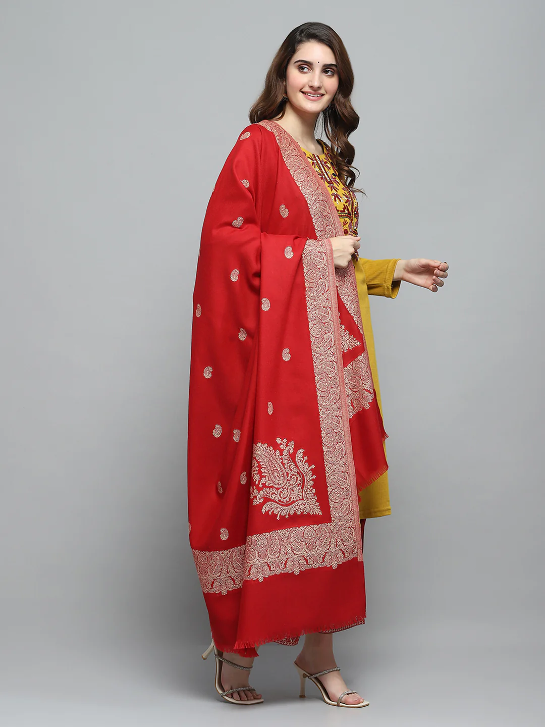 Women Red Self Design Shawl - Image 4