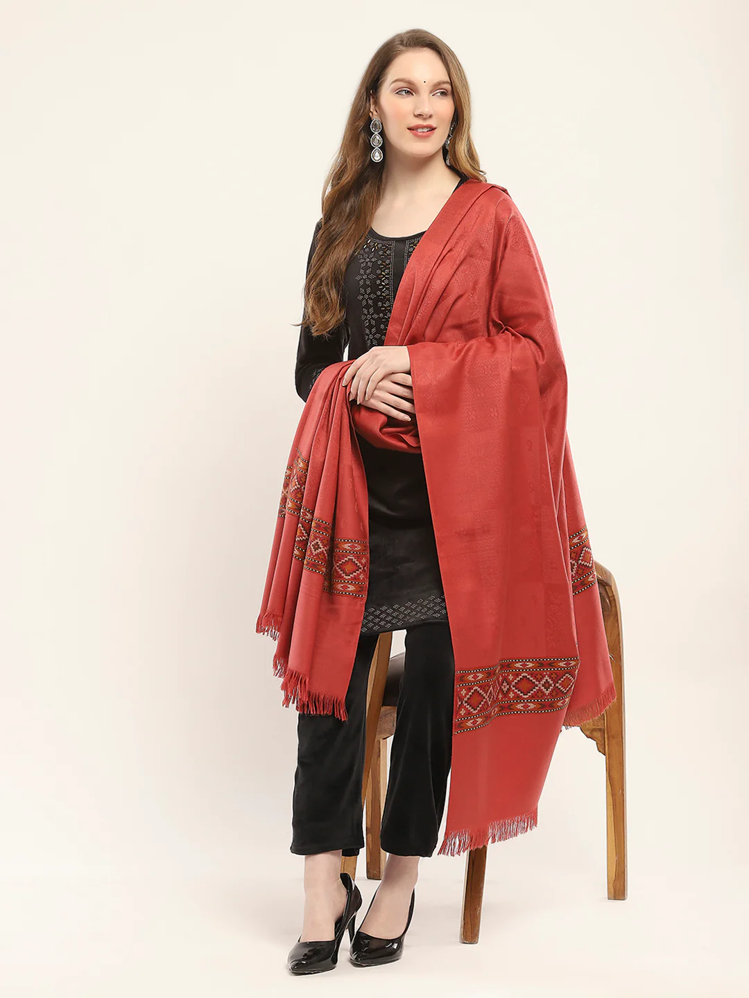 Women Red Self Design Shawl - Image 2