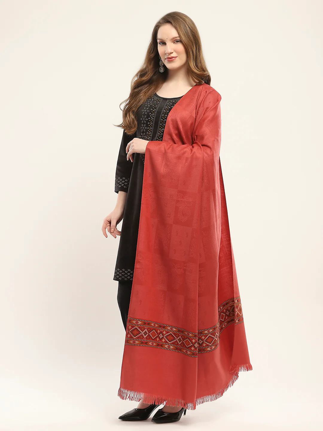 Women Red Self Design Shawl - Image 3