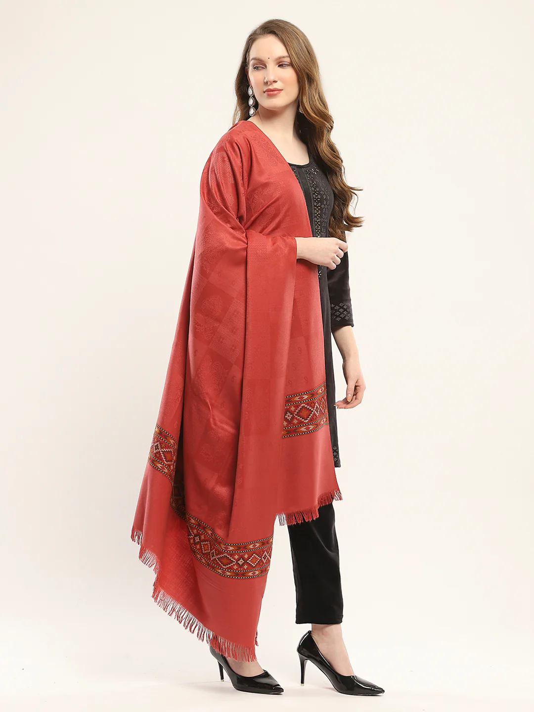 Women Red Self Design Shawl - Image 4