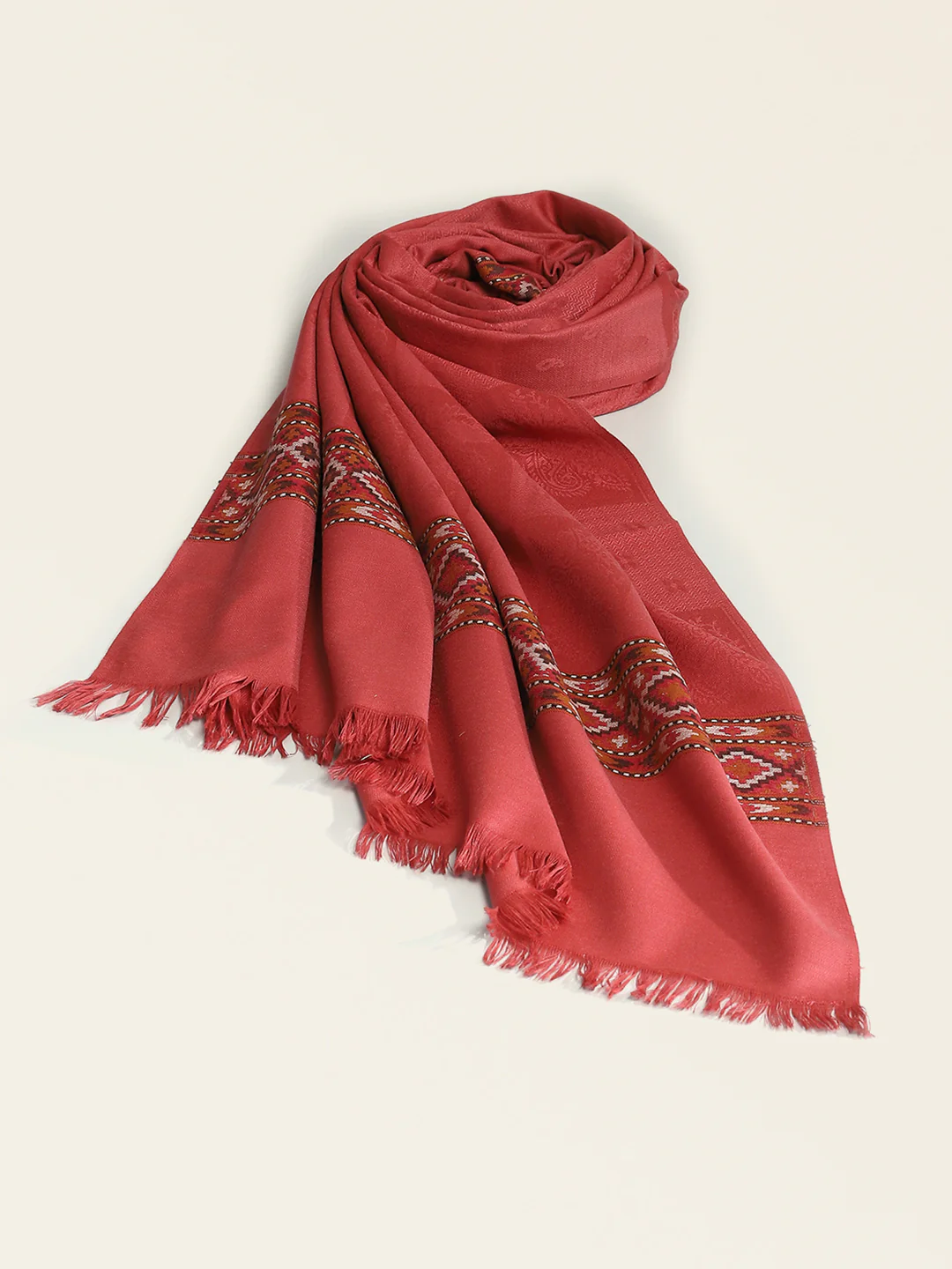 Women Red Self Design Shawl - Image 5