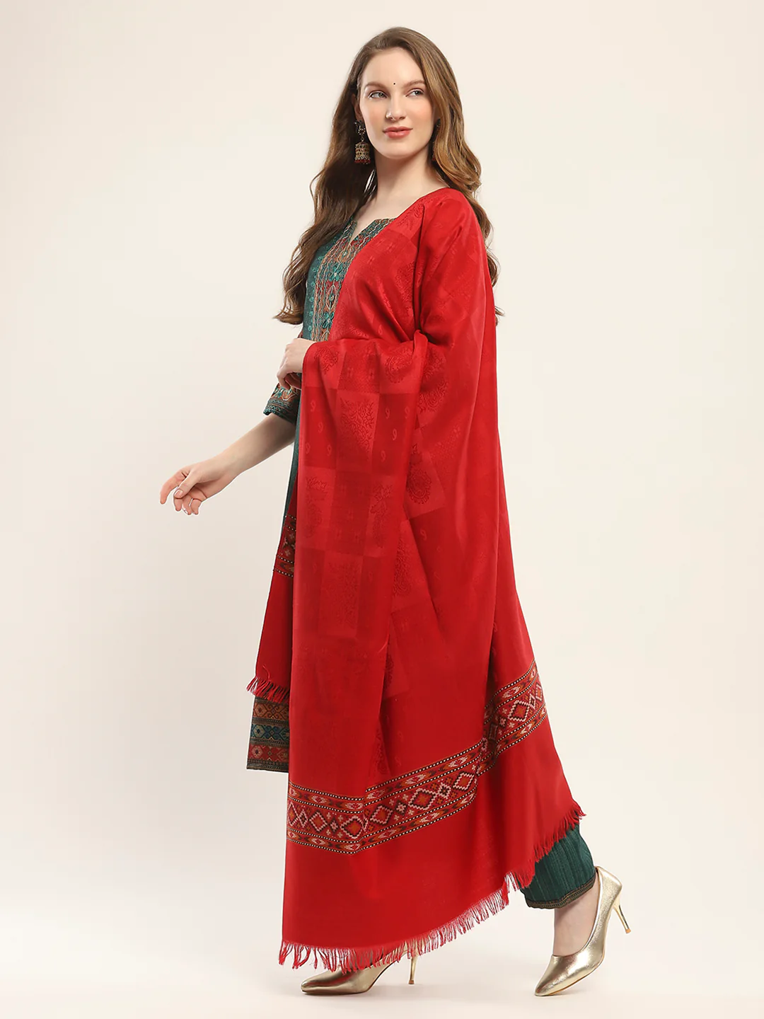 Women Red Self Design Shawl - Image 3