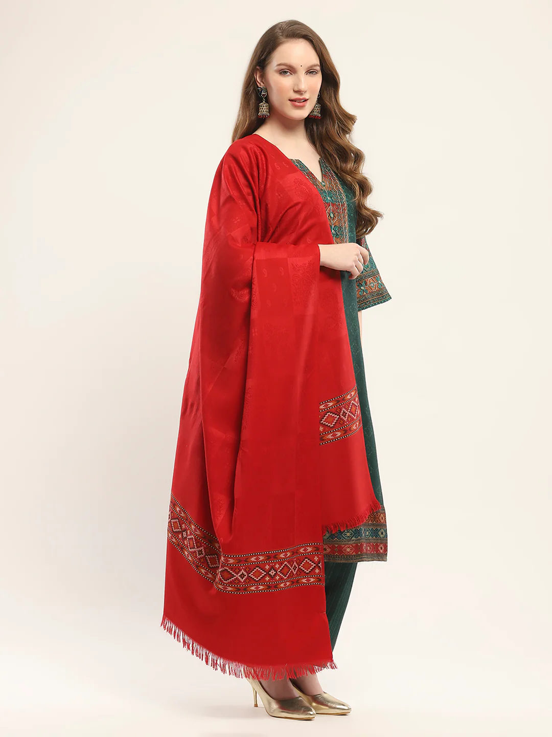 Women Red Self Design Shawl - Image 4