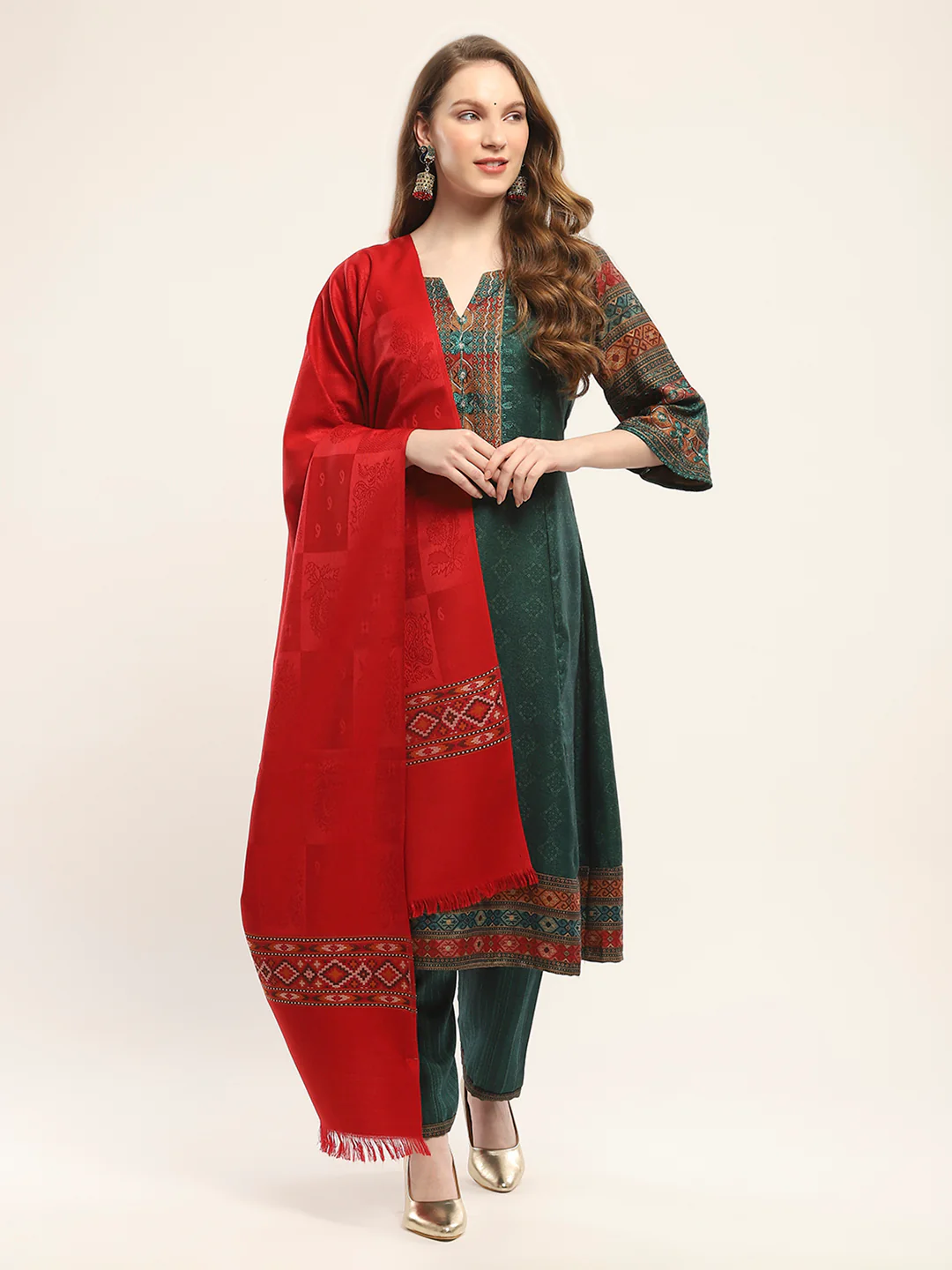 Women Red Self Design Shawl - Image 5