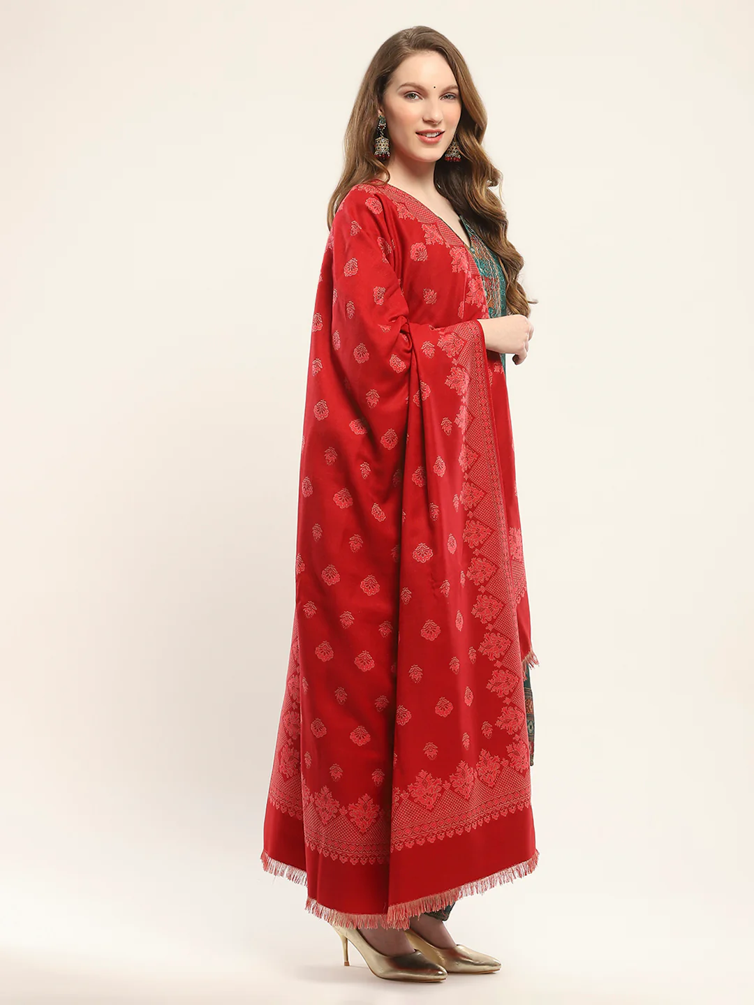 Women Red Self Design Shawl - Image 4