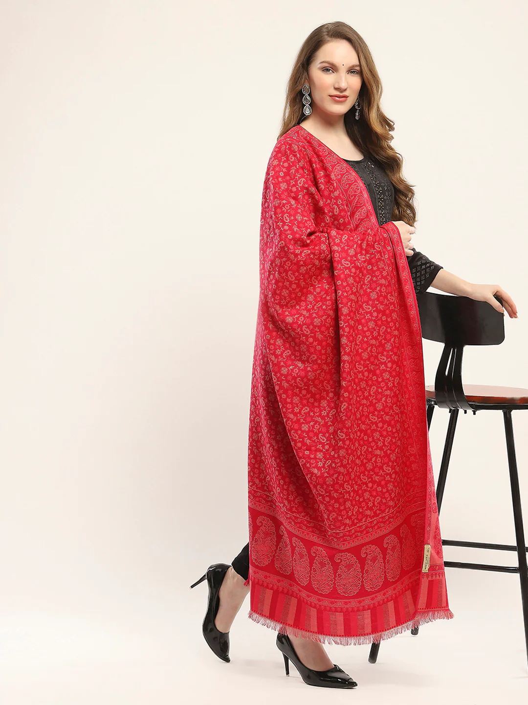 Women Red Self Design Shawl - Image 2