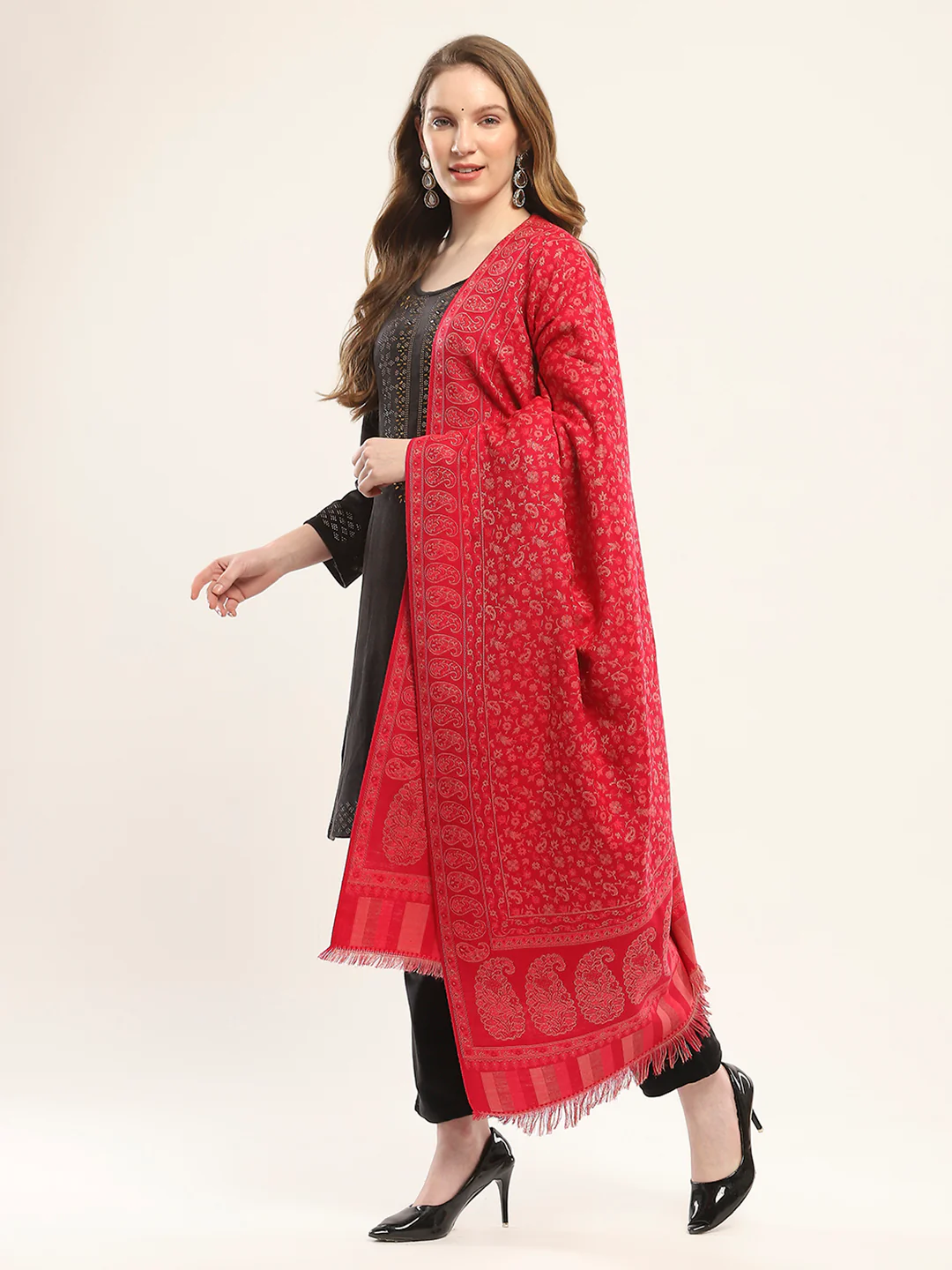 Women Red Self Design Shawl - Image 3