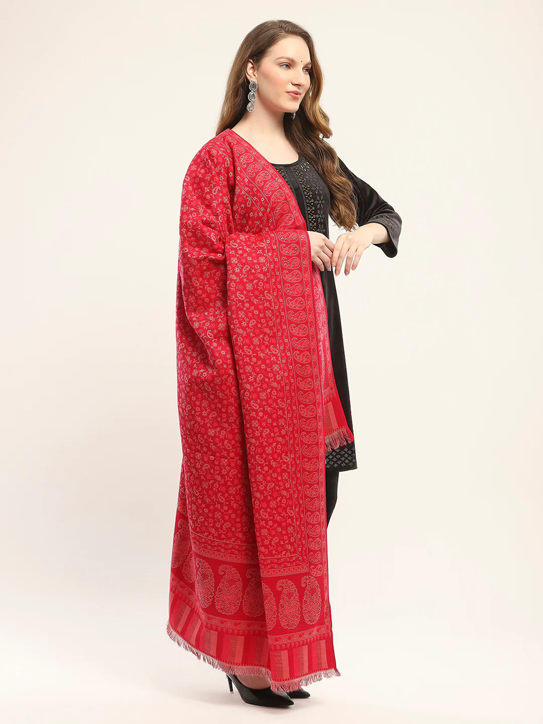 Women Red Self Design Shawl - Image 4