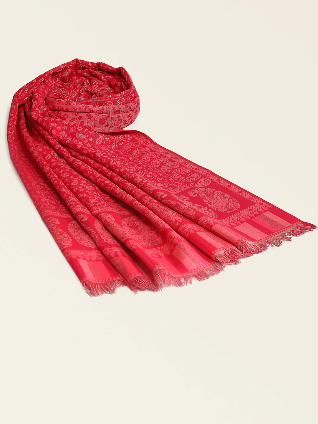 Women Red Self Design Shawl - Image 5