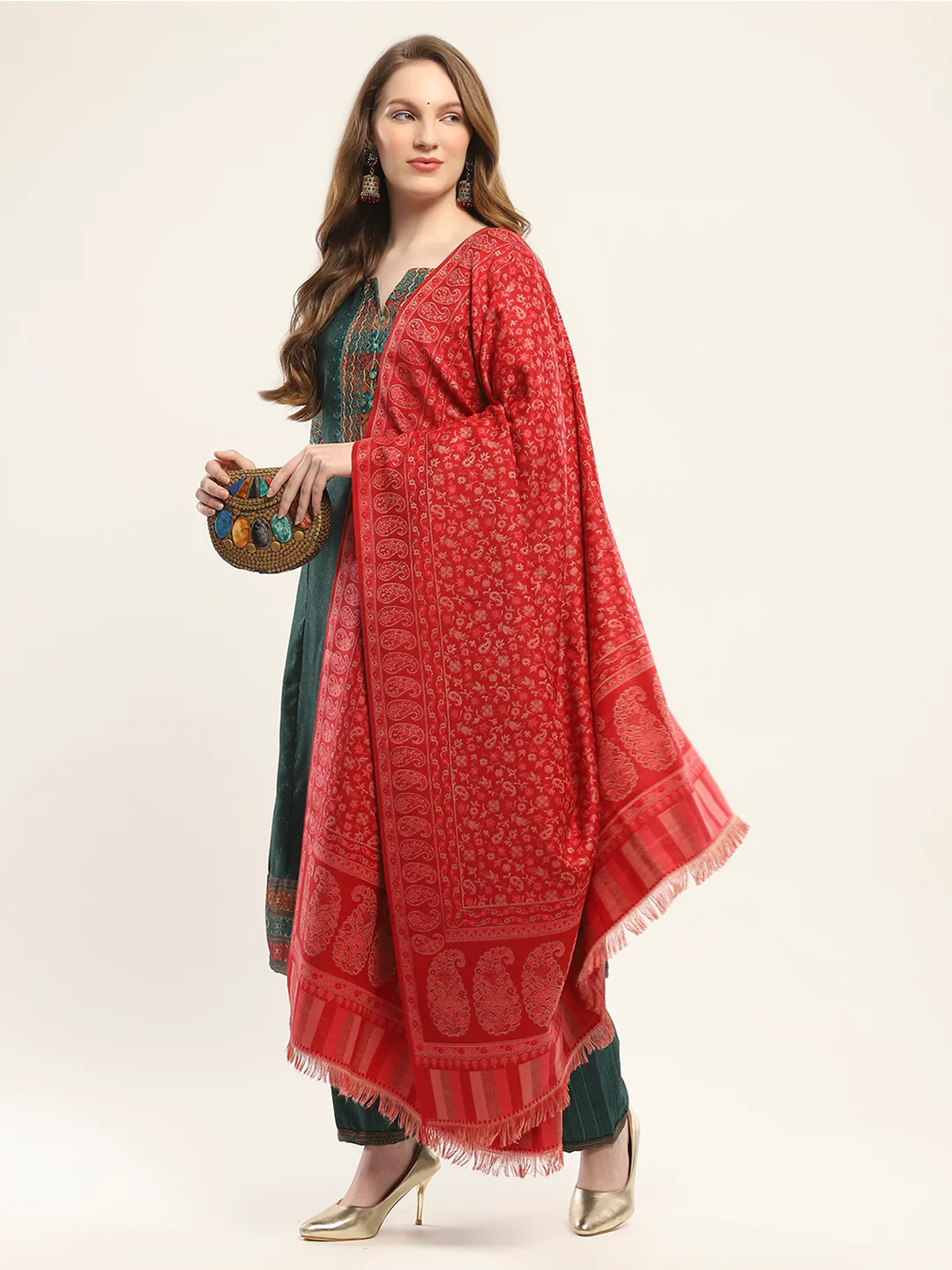 Women Red Self Design Shawl - Image 2