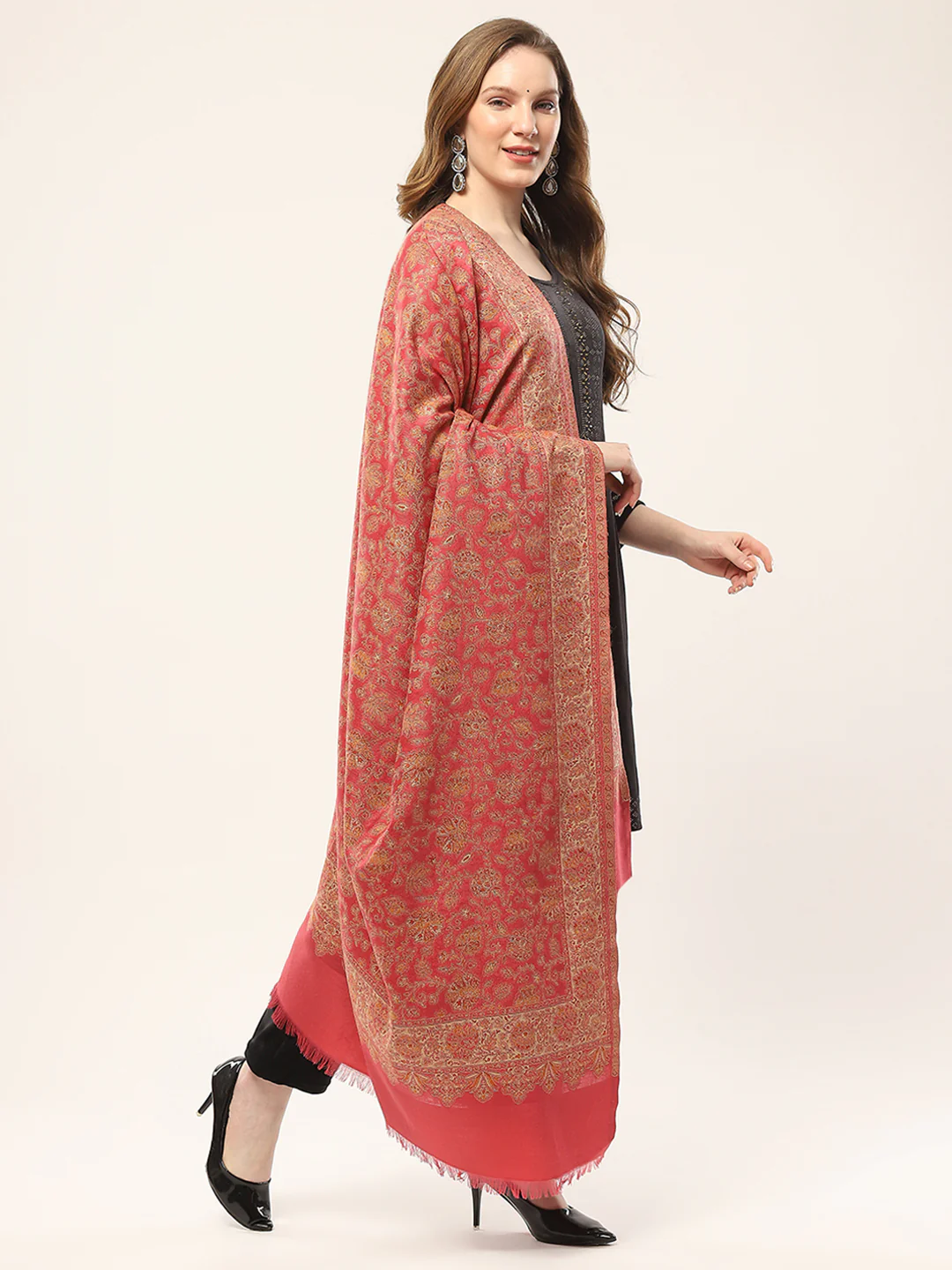Women Red Self Design Shawl - Image 4