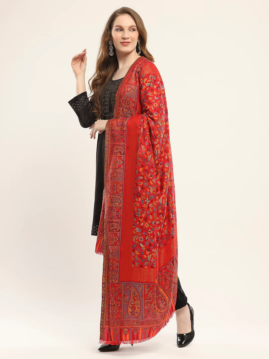 Women Red Self Design Shawl - Image 3