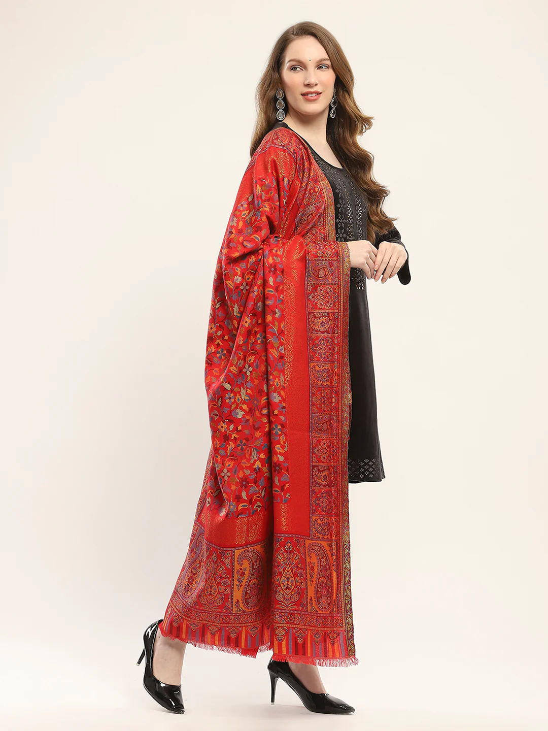 Women Red Self Design Shawl - Image 4