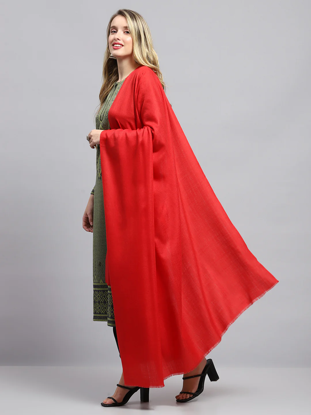 Women Red Self Design Shawl - Image 3