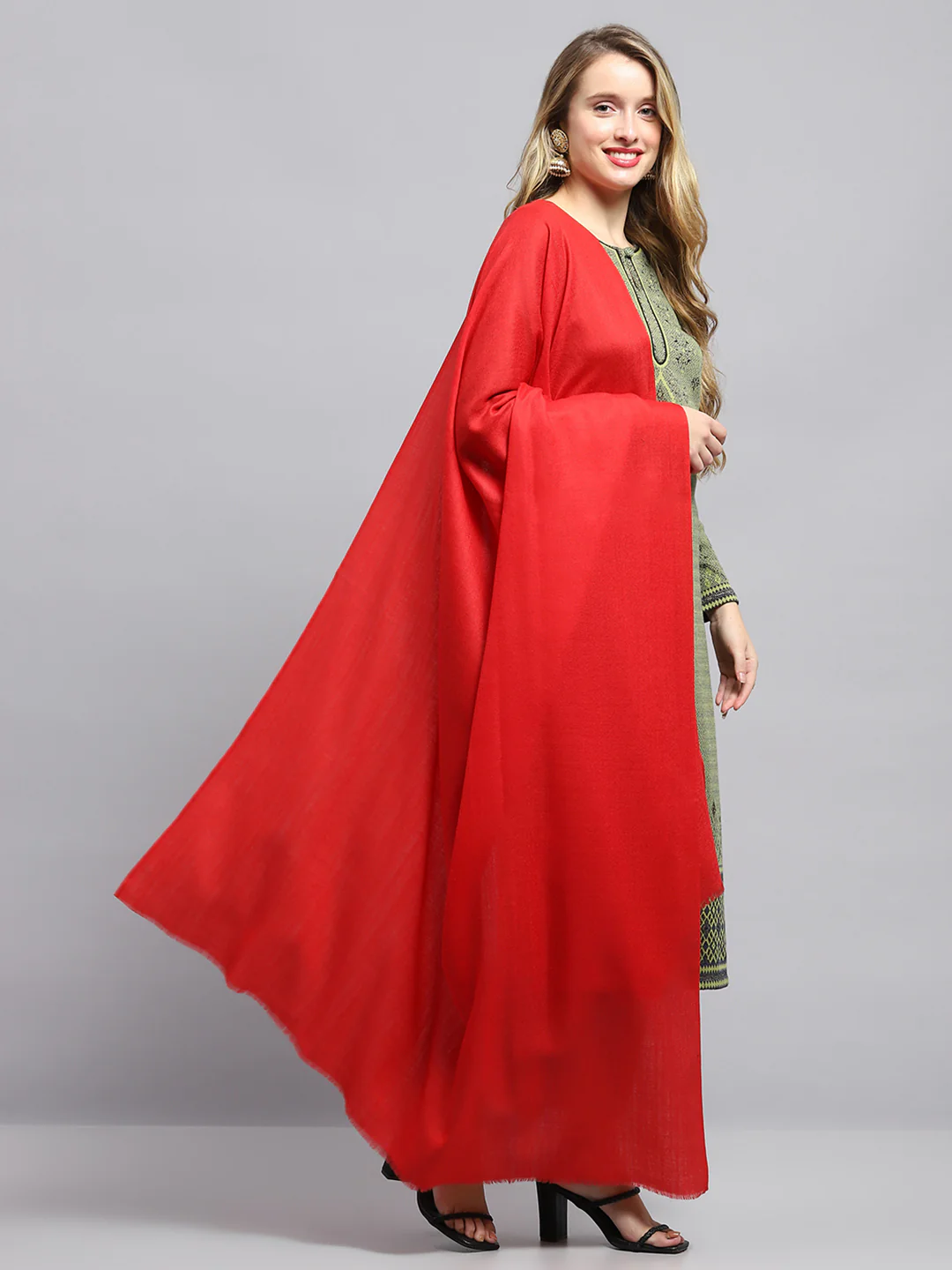 Women Red Self Design Shawl - Image 4
