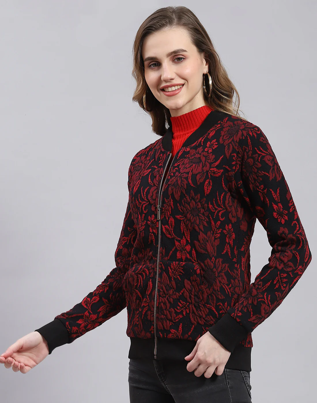 Women Red Self Design Stand Collar Full Sleeve Sweatshirt - Image 3