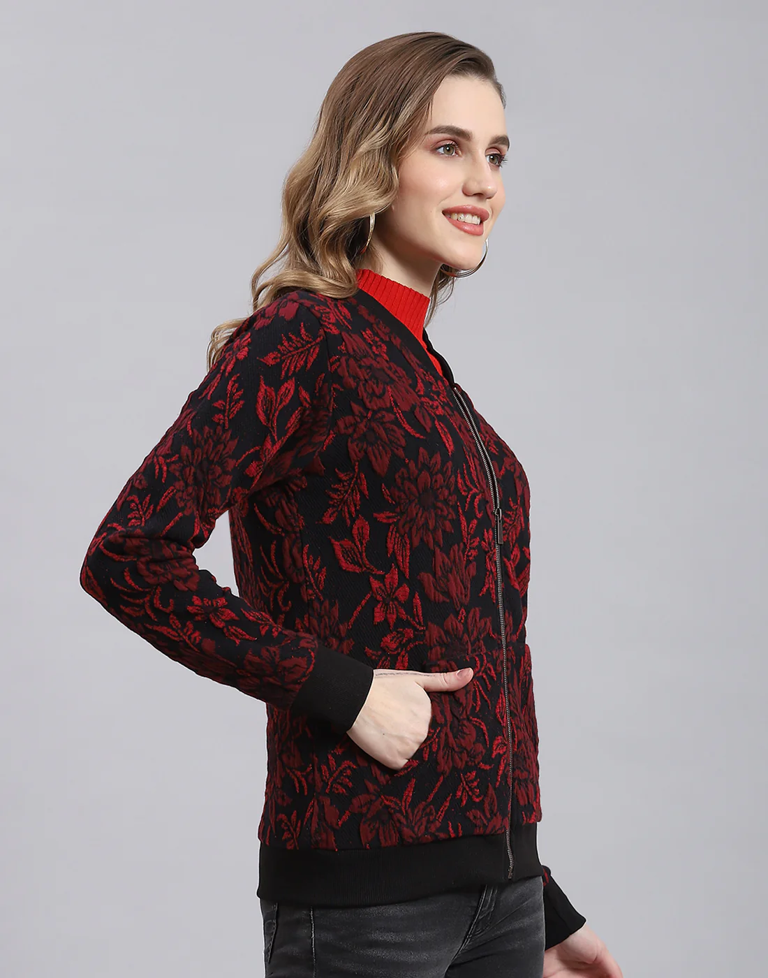 Women Red Self Design Stand Collar Full Sleeve Sweatshirt - Image 4