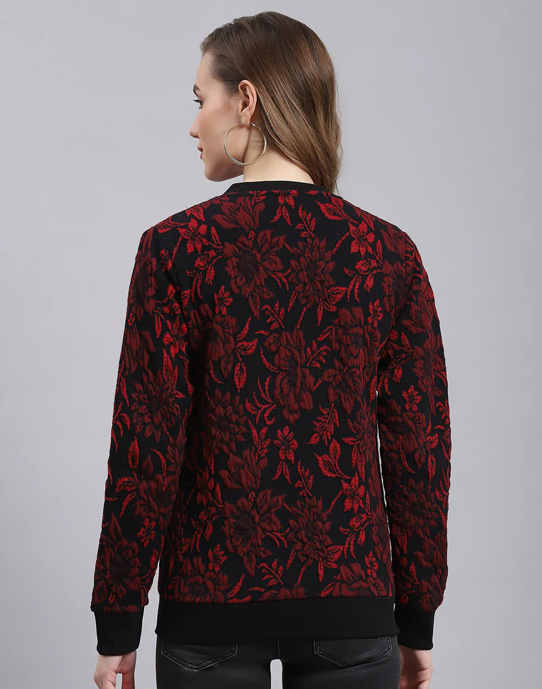 Women Red Self Design Stand Collar Full Sleeve Sweatshirt - Image 5