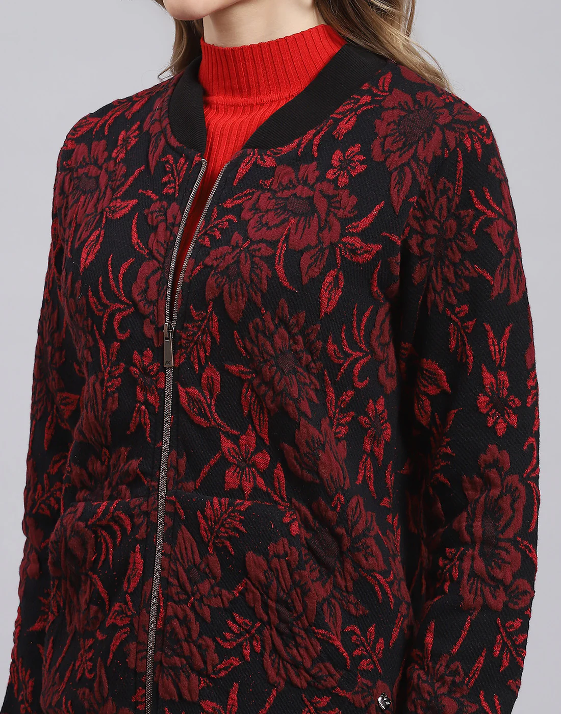 Women Red Self Design Stand Collar Full Sleeve Sweatshirt - Image 6