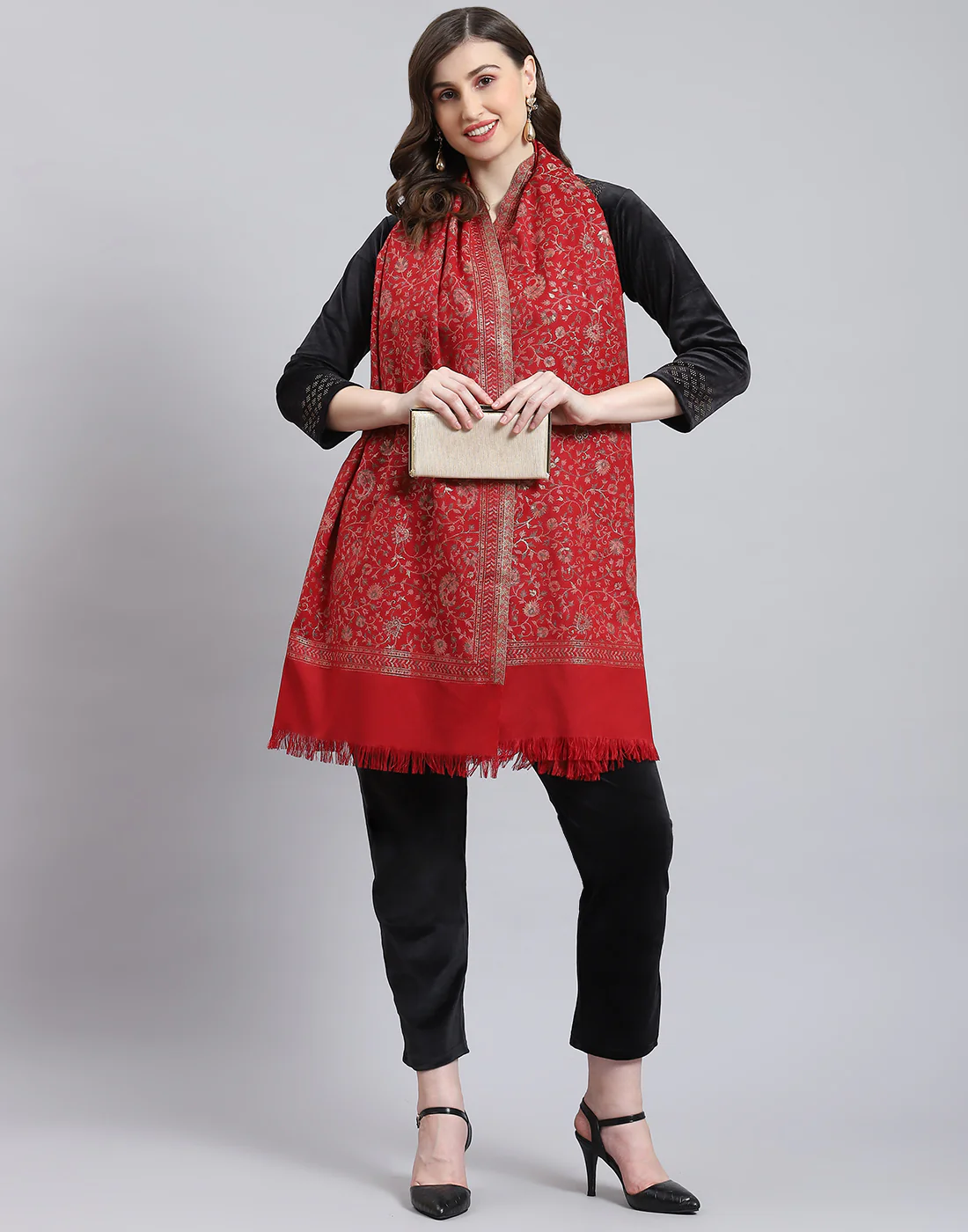 Women Red Self Design Stole - Image 2