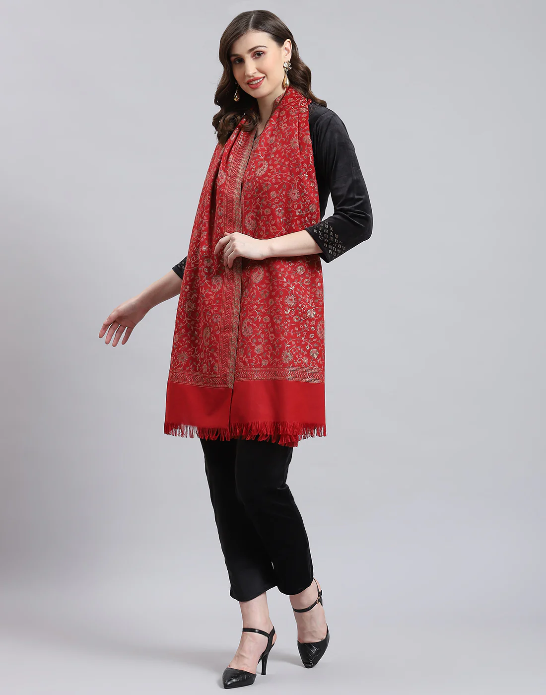 Women Red Self Design Stole - Image 3