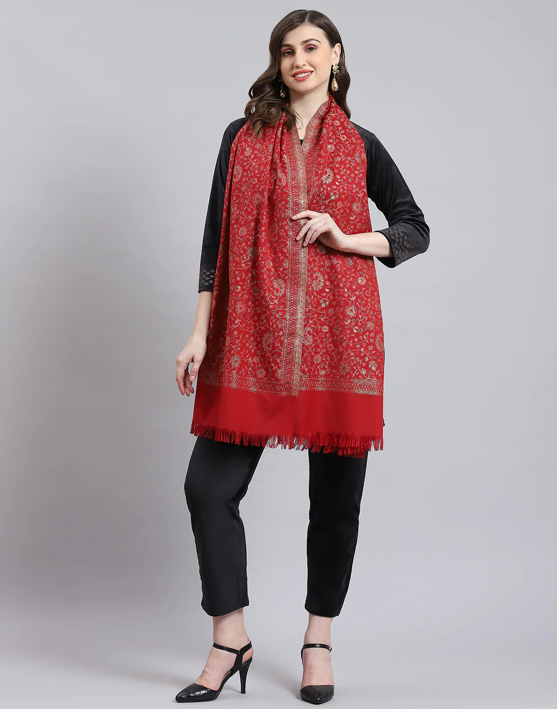 Women Red Self Design Stole - Image 5