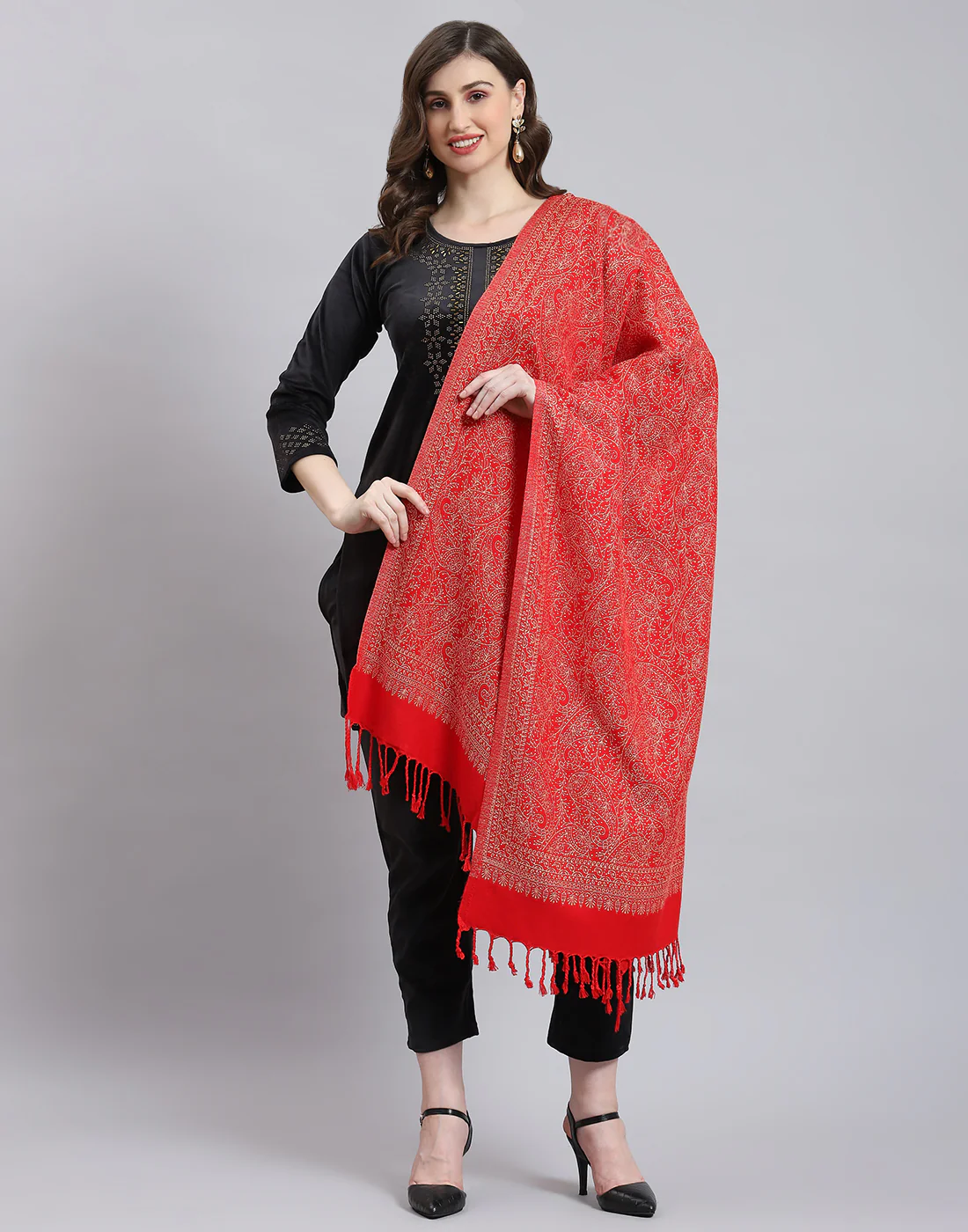 Women Red Self Design Stole - Image 2