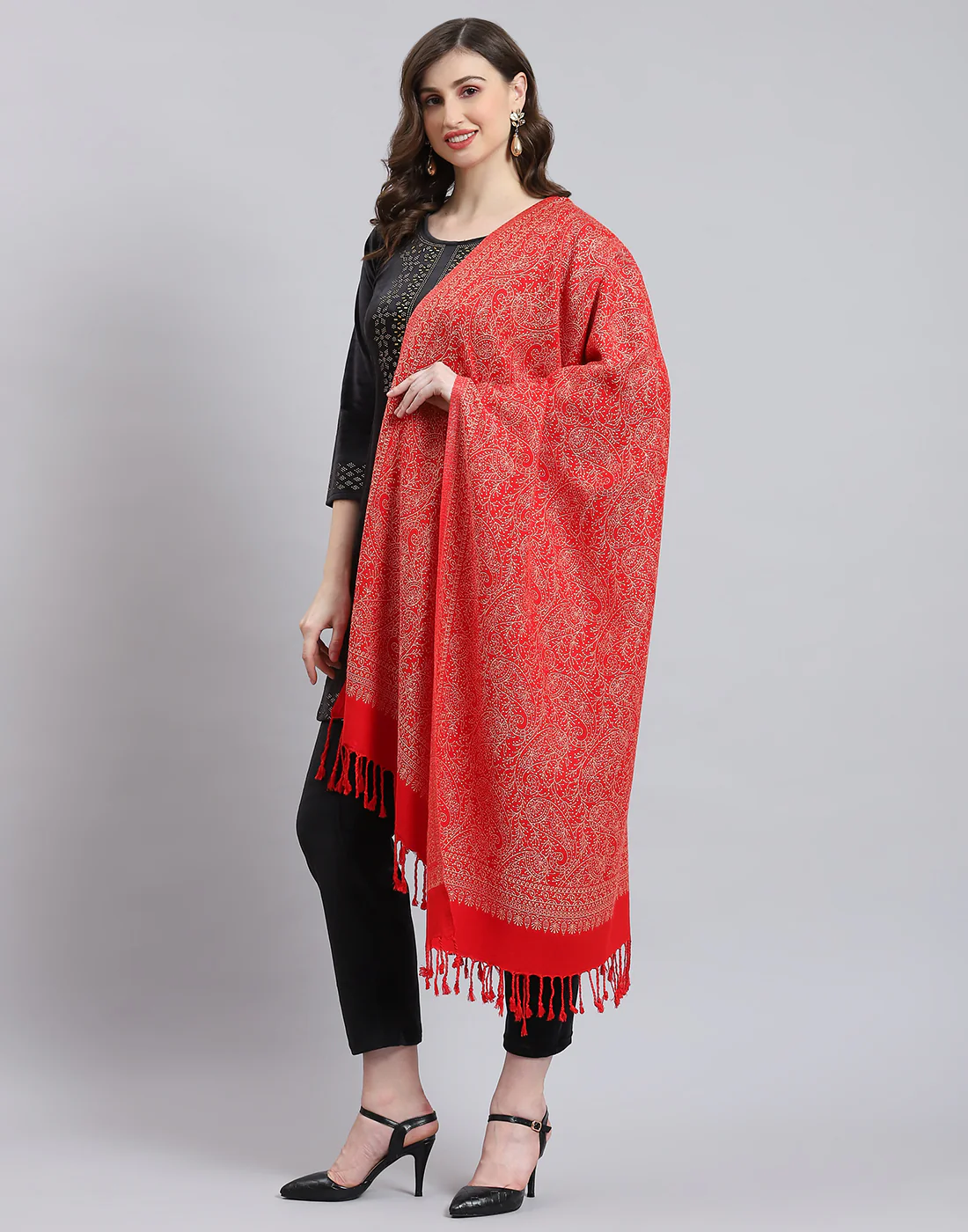 Women Red Self Design Stole - Image 3