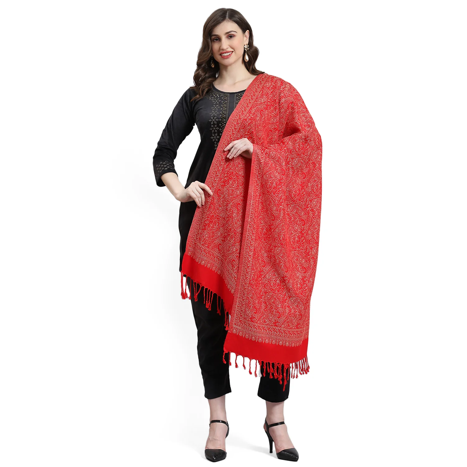 Women Red Self Design Stole - Image 5