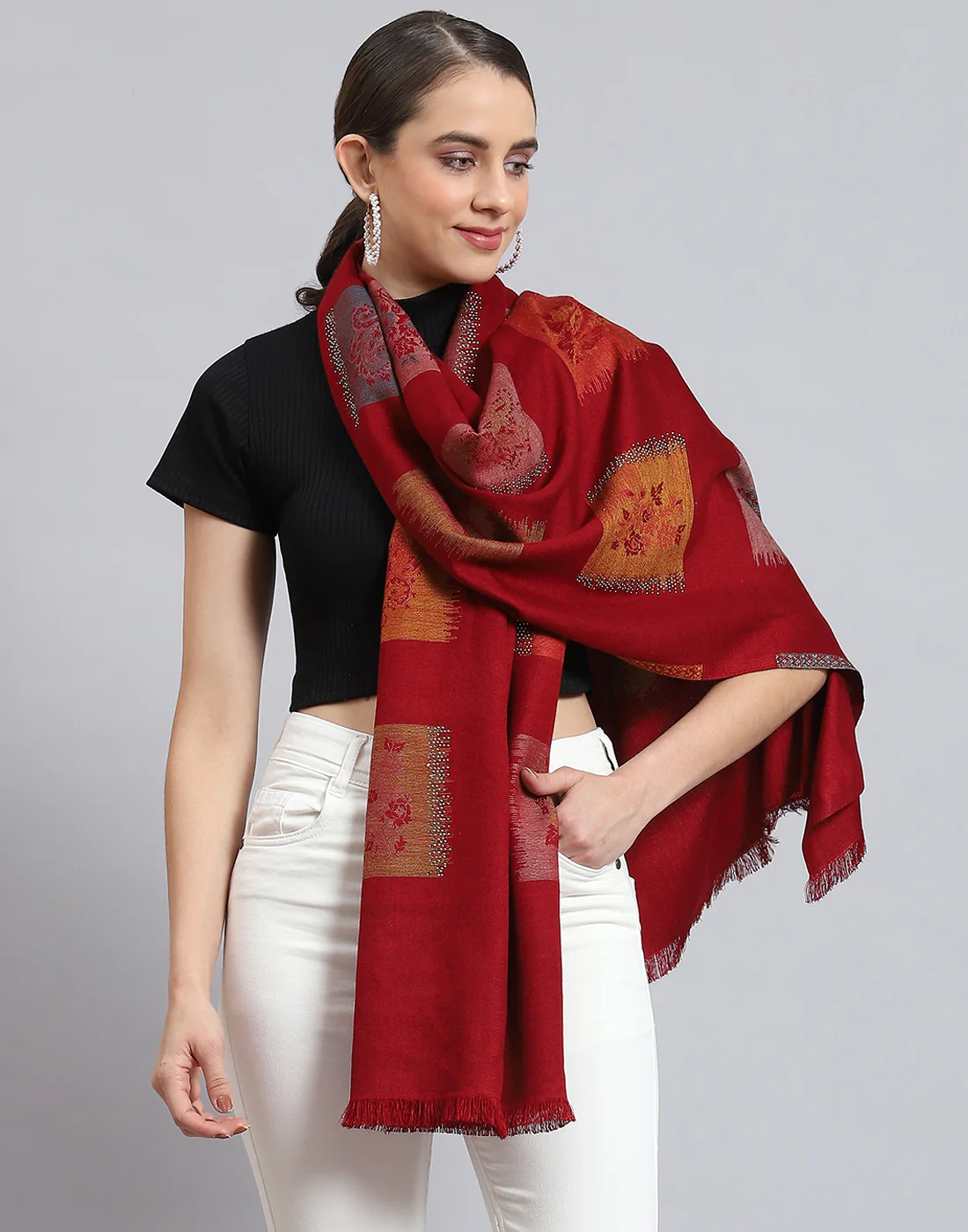 Women Red Self Design Stole - Image 2