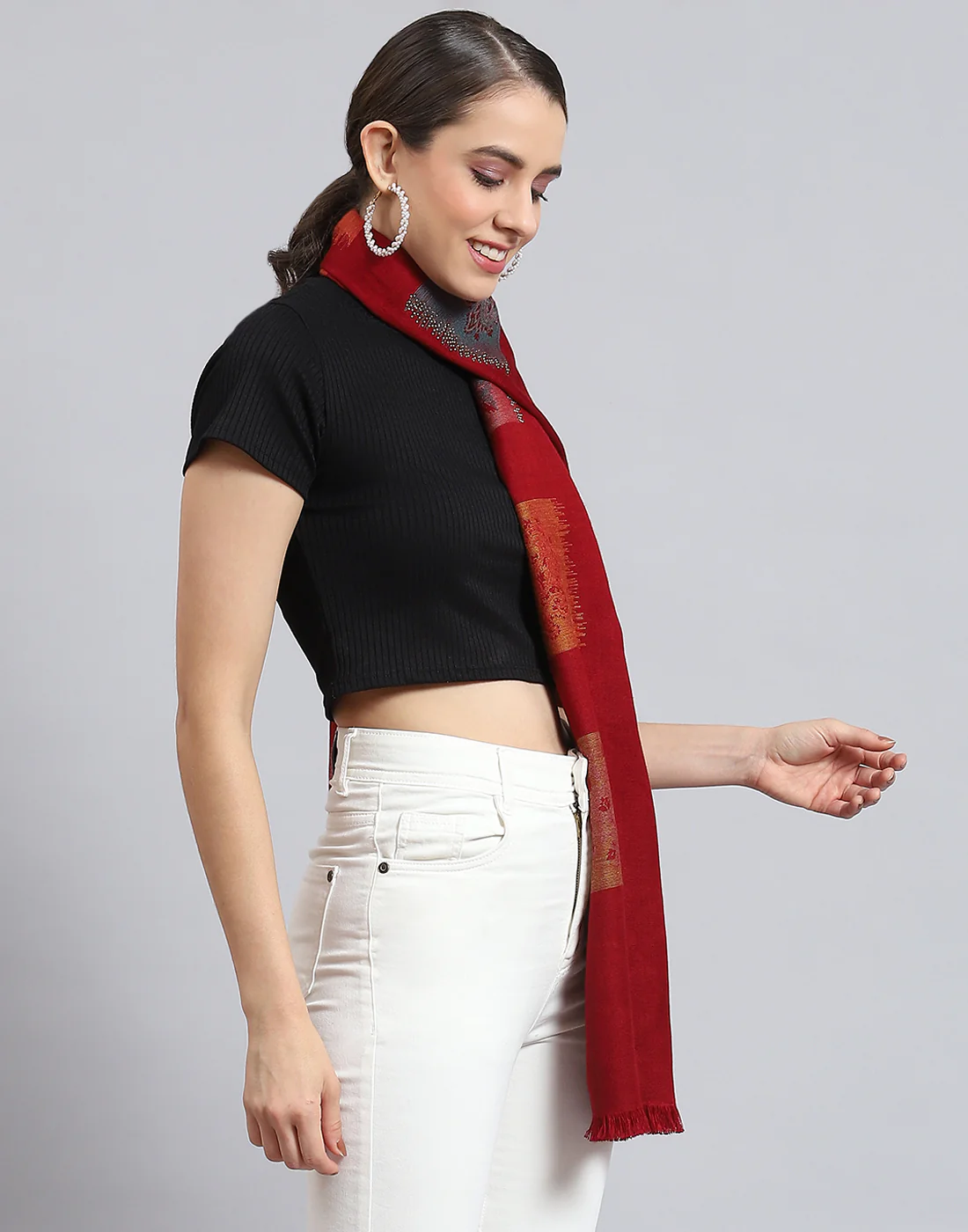 Women Red Self Design Stole - Image 4